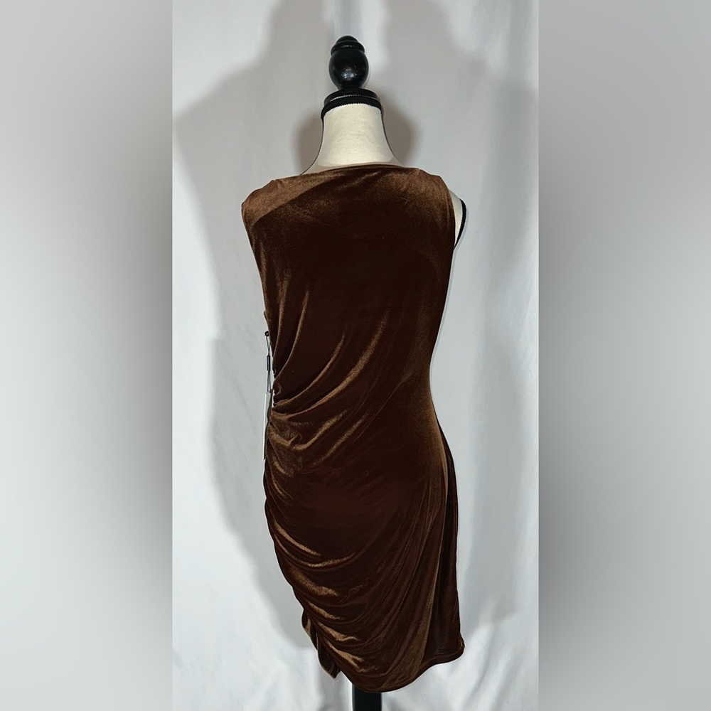 Calvin Klein Brown Velvet Runched Asymmetrical Sheath Dress Size 10 NWT Cocktail - Picture 3 of 10